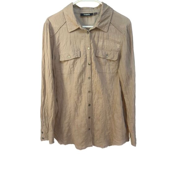 threads Saks Fifth Avenue Tan Crinkle Button-Front Shirt Dress – Size L - Picture 3 of 16